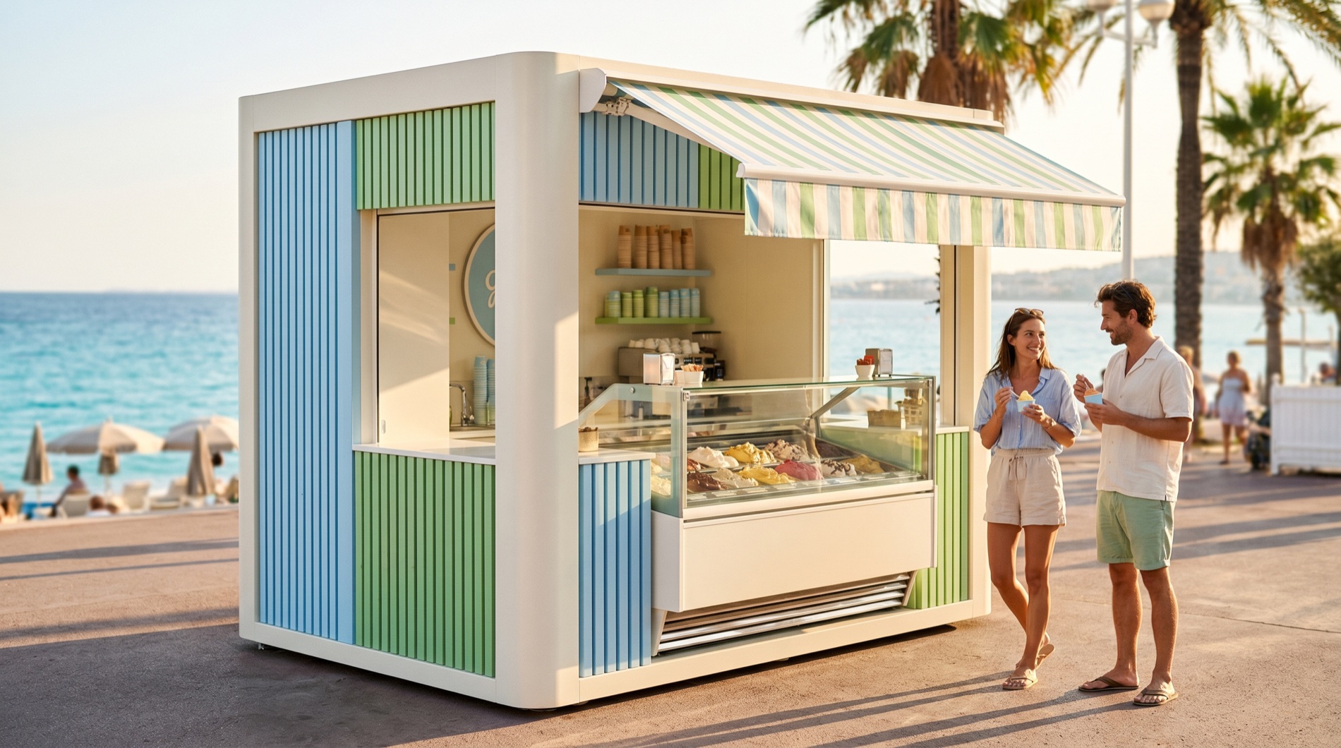 Chiosco Sciurì sul lungomare con righe azzurre e verdi, due persone con una coppetta di gelato in mano
