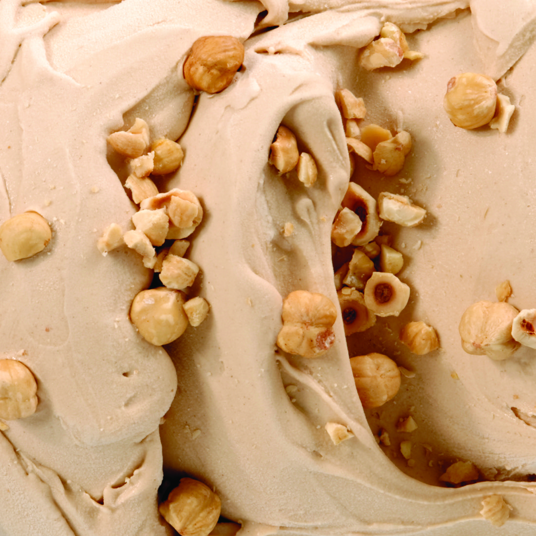 Macro del gelato alla nocciola Sciurì, crema beige calda