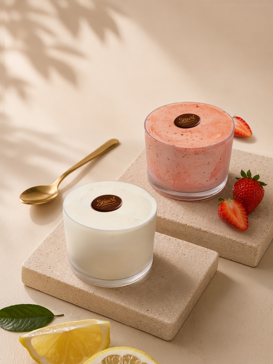 Coppe Sciurì fragola e limone su pietra chiara con fragole e limoni freschi